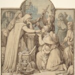 Kriemhild, trauernd um Siegfried, verteilt Schätze aus dem Nibelungenschatz – Zeichnung von Eduard Julius Friedrich Bendemann (1854).