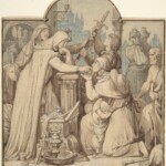 Kriemhild, trauernd um Siegfried, verteilt Schätze aus dem Nibelungenschatz – Zeichnung von Eduard Julius Friedrich Bendemann (1854).