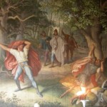 Hagen tötet Siegfried – Fresko in den Nibelungensälen in München, Deutschland.