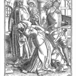 Nachdem Kriemhild den gefesselten Hagen von Tronje getötet hatte, wurde sie von Hildebrand erschlagen. Im linken Hintergrund sind Dietrich von Bern und daneben Etzel zu sehen. – Illustration zur 39. Aventiure, gestaltet von Alfred Rethel, geschnitten von Braun und Dessauer.